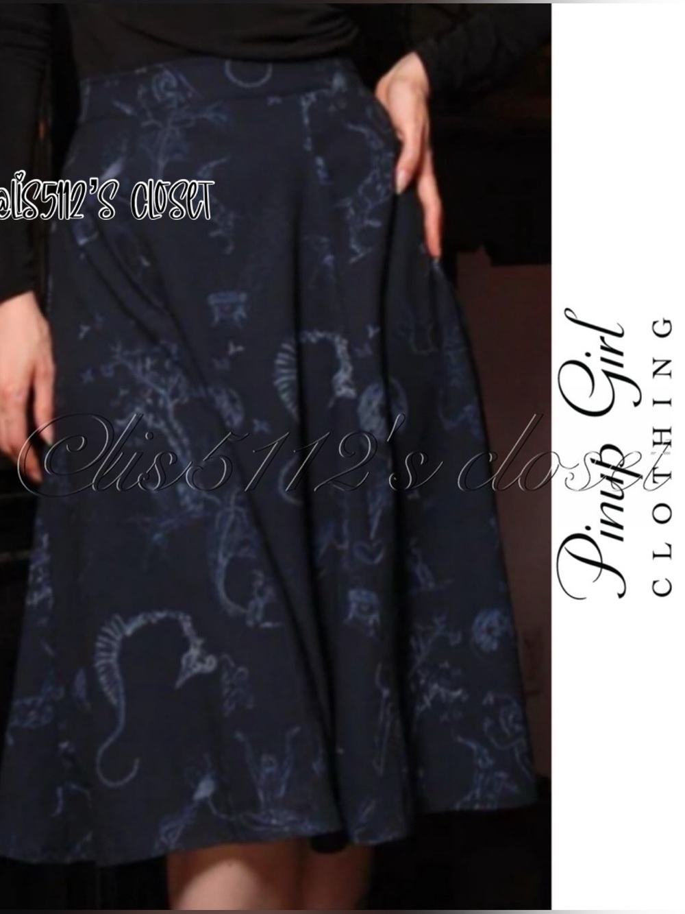 Pinup Couture Viva 40s Tulip Swing Skirt in Blue & Silver Witchy Toile Print 3X
